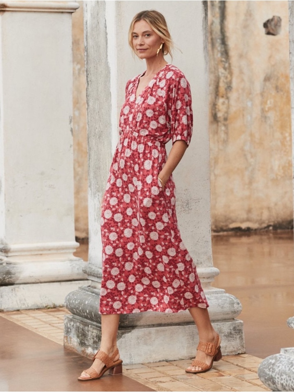 Garnet Hill XL Juno Knit Midi Dress Tencel Boho Pockets Prairie Artsy Teacher